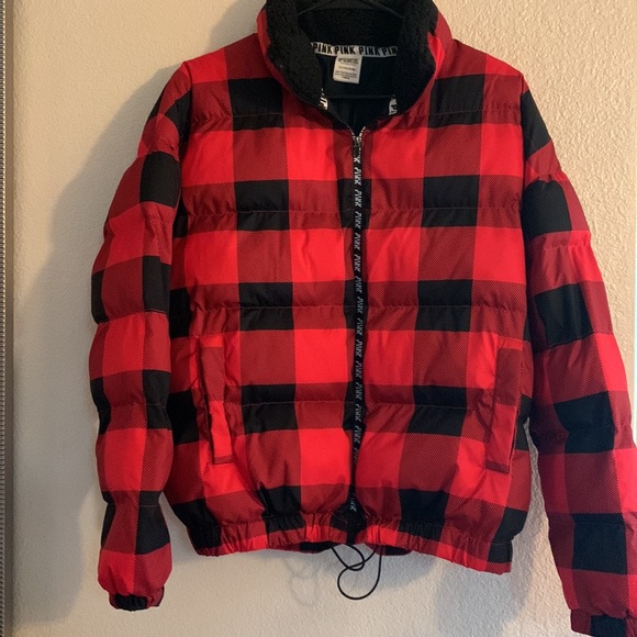 Pink Victorias Secret Sherpa Collar Puffer Jacket Buffalo Plaid Size Small - Picture 3 of 9